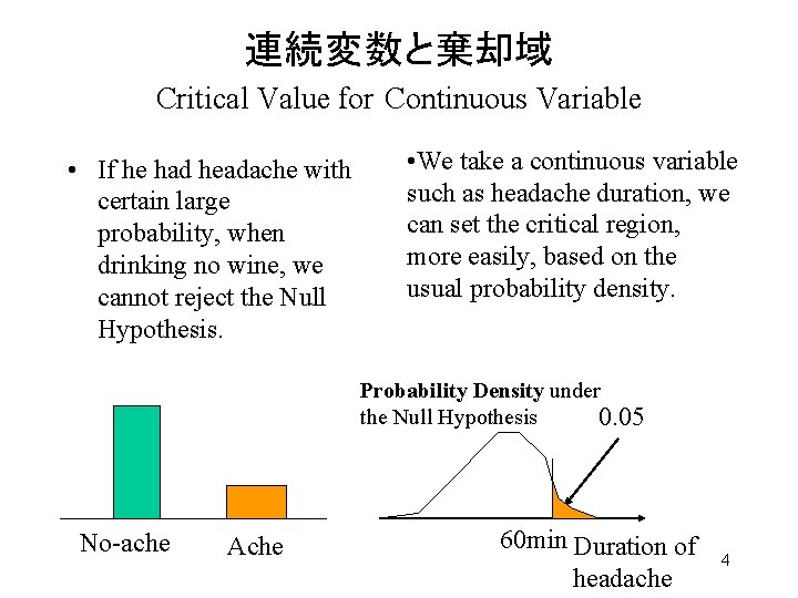 連続変数と棄却域 Critical Value for Continuous Variable • If he had headache with certain large