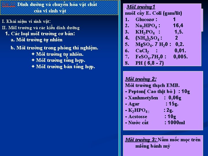 Bài 22: Dinh dưỡng và chuyển hóa vật chất của vi sinh vật I.