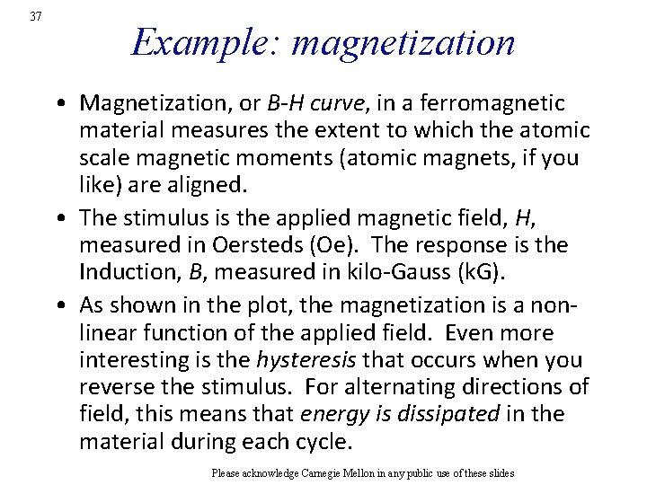 37 Example: magnetization • Magnetization, or B-H curve, in a ferromagnetic material measures the