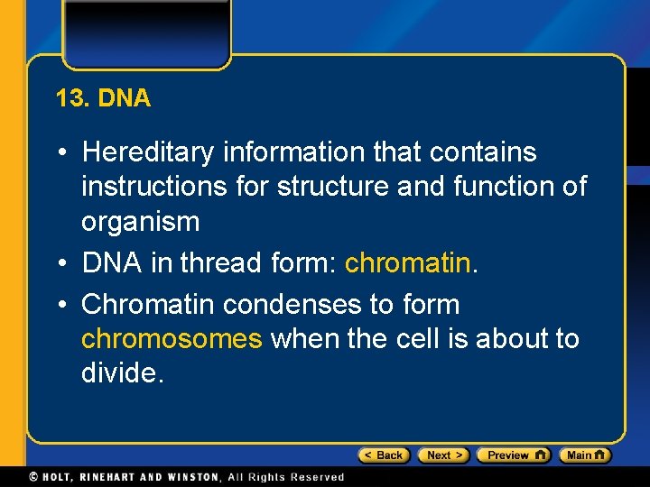 13. DNA • Hereditary information that contains instructions for structure and function of organism