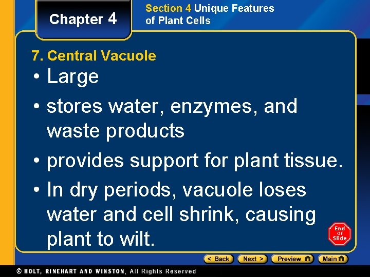 Chapter 4 Section 4 Unique Features of Plant Cells 7. Central Vacuole • Large