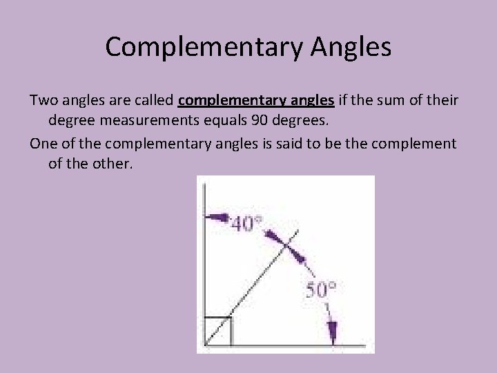 Complementary Angles Two angles are called complementary angles if the sum of their degree