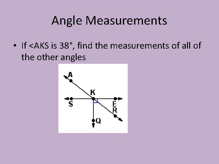 Angle Measurements • If <AKS is 38°, find the measurements of all of the