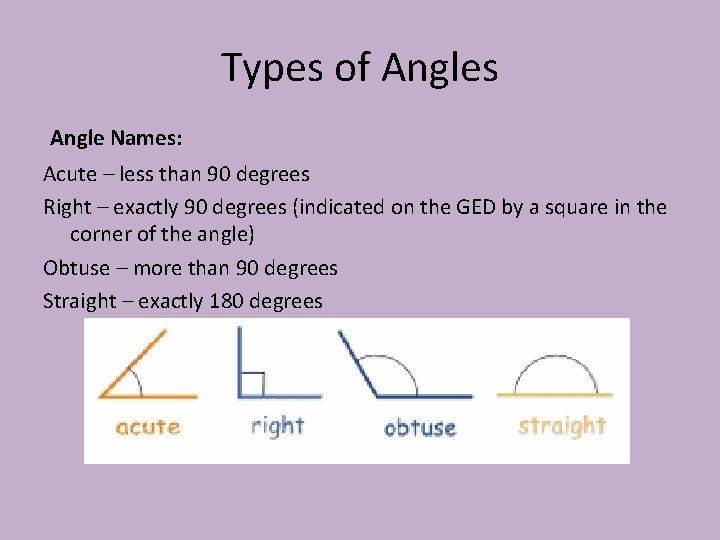 Types of Angles Angle Names: Acute – less than 90 degrees Right – exactly