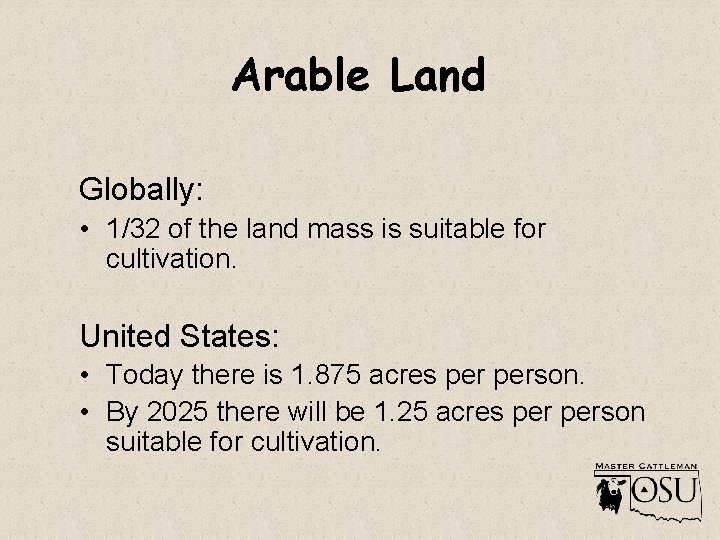 Arable Land Globally: • 1/32 of the land mass is suitable for cultivation. United