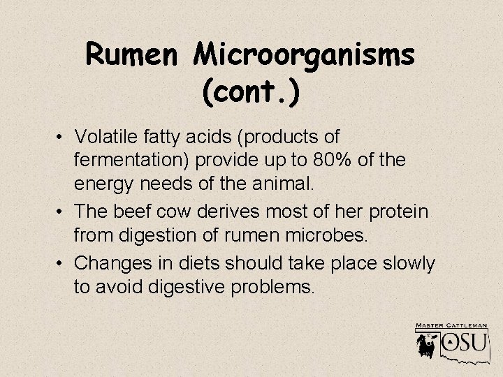 Rumen Microorganisms (cont. ) • Volatile fatty acids (products of fermentation) provide up to