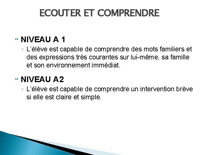 ECOUTER ET COMPRENDRE NIVEAU A 1 ◦ L’élève est capable de comprendre des mots