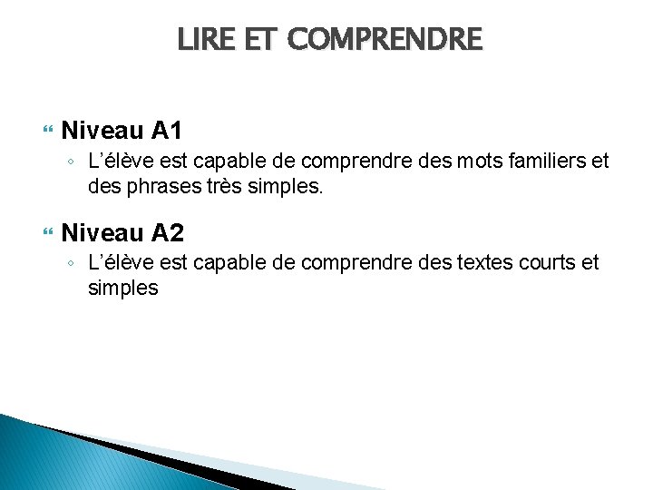LIRE ET COMPRENDRE Niveau A 1 ◦ L’élève est capable de comprendre des mots