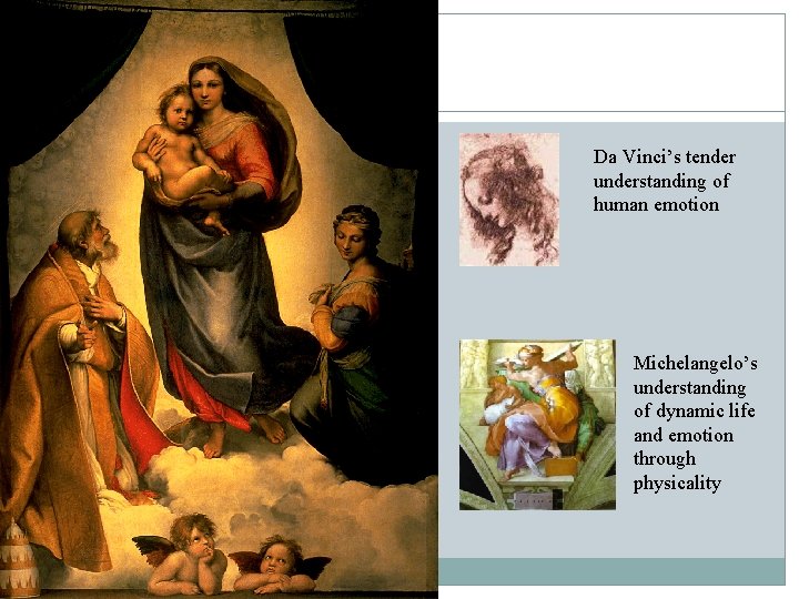 Da Vinci’s tender understanding of human emotion Michelangelo’s understanding of dynamic life and emotion Da Vinci’s tender understanding of human emotion Michelangelo’s understanding of dynamic life and emotion