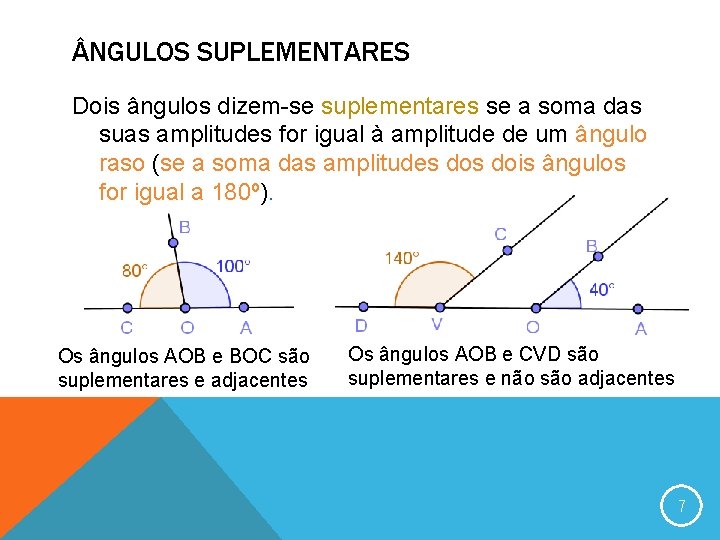  NGULOS SUPLEMENTARES Dois ângulos dizem-se suplementares se a soma das suas amplitudes for