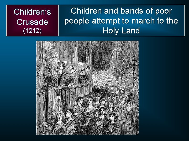 Children’s Crusade (1212) Children and bands of poor people attempt to march to the