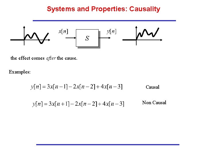 Systems and Properties: Causality S the effect comes after the cause. Examples: Causal Non Systems and Properties: Causality S the effect comes after the cause. Examples: Causal Non