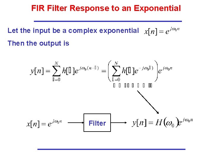 FIR Filter Response to an Exponential Let the input be a complex exponential Then FIR Filter Response to an Exponential Let the input be a complex exponential Then