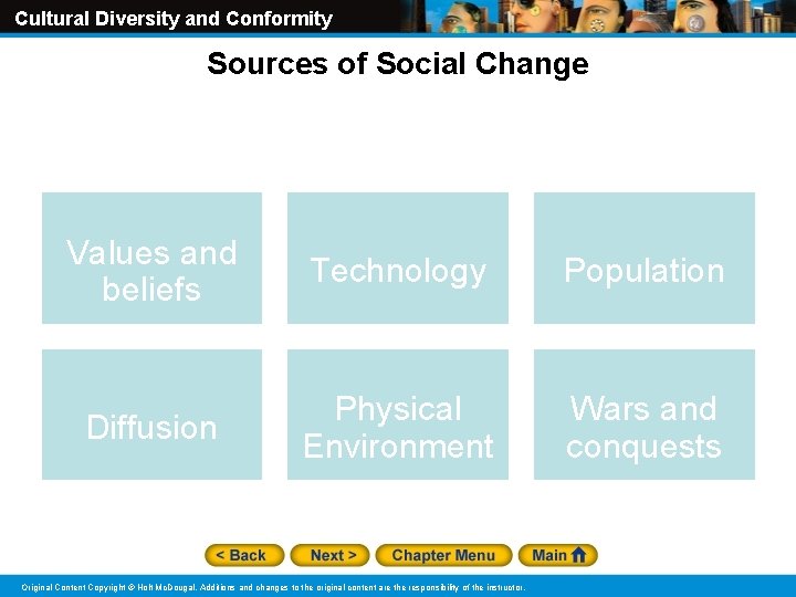 Cultural Diversity and Conformity Sources of Social Change Values and beliefs Technology Population Diffusion