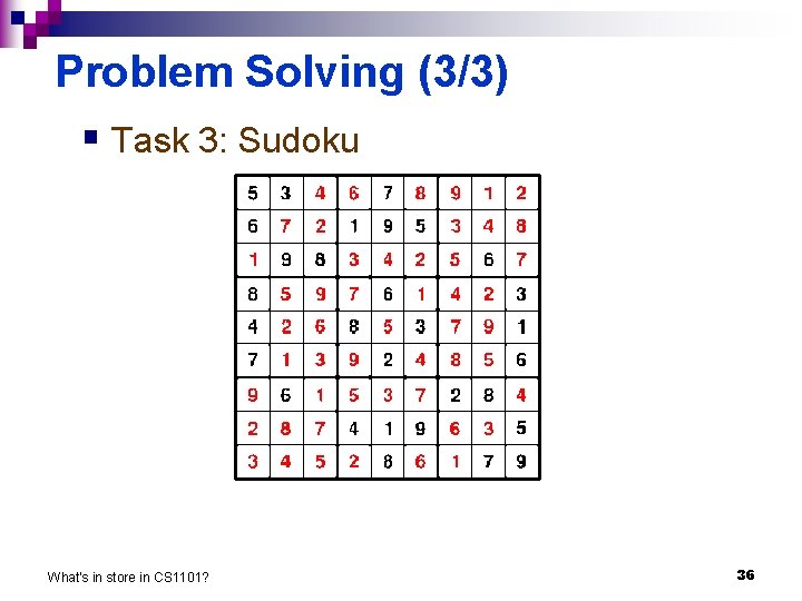 Problem Solving (3/3) § Task 3: Sudoku What's in store in CS 1101? 36