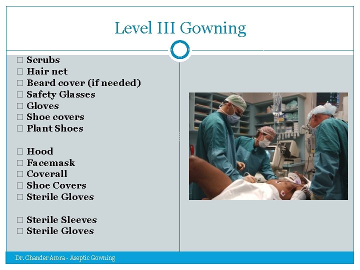 Level III Gowning � Scrubs � Hair net � Beard cover (if needed) �