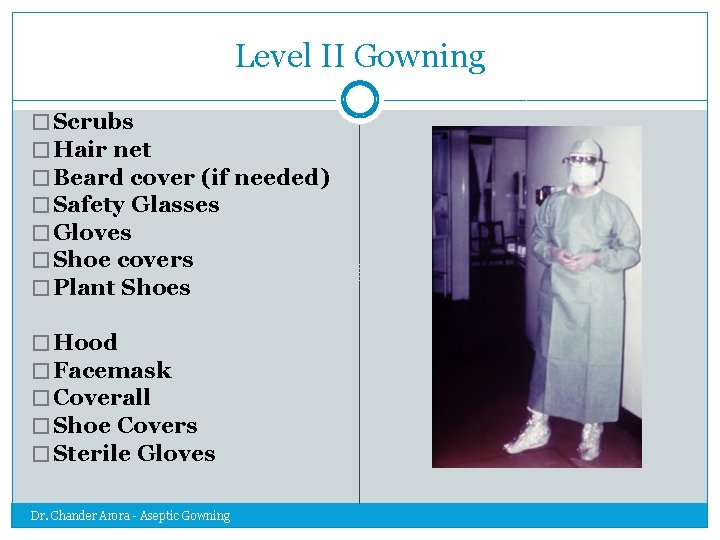 Level II Gowning � Scrubs � Hair net � Beard cover (if needed) �