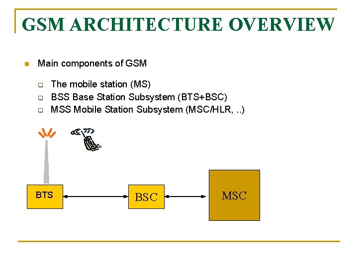 GSM ARCHITECTURE OVERVIEW n Main components of GSM q q q The mobile station