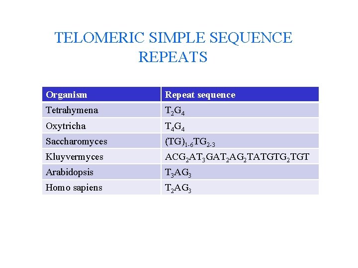 TELOMERIC SIMPLE SEQUENCE REPEATS Organism Repeat sequence Tetrahymena T 2 G 4 Oxytricha T