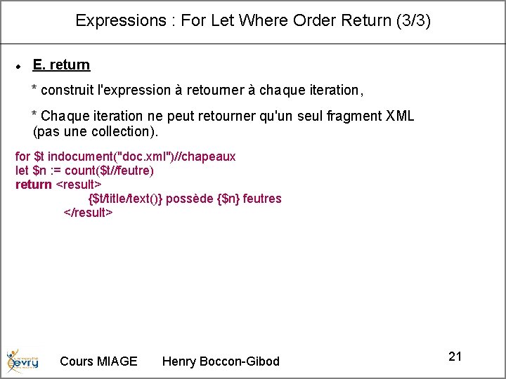 Expressions : For Let Where Order Return (3/3) E. return * construit l'expression à