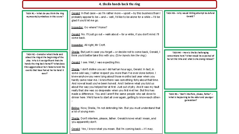 4. Sheila hands back the ring TASK #1 – What do you think the