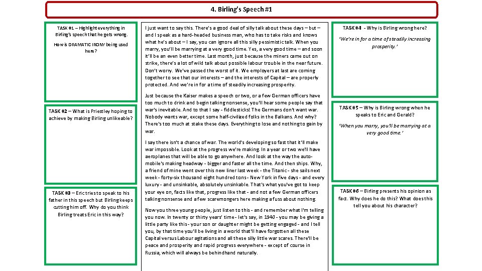 4. Birling’s Speech #1 TASK #1 – Highlight everything in Birling’s speech that he