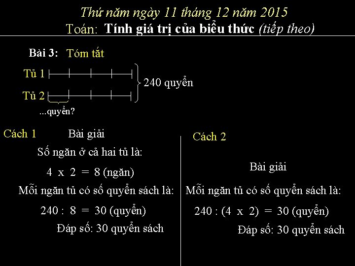 Thứ năm ngày 11 tháng 12 năm 2015 Toán: Tính giá trị của biểu