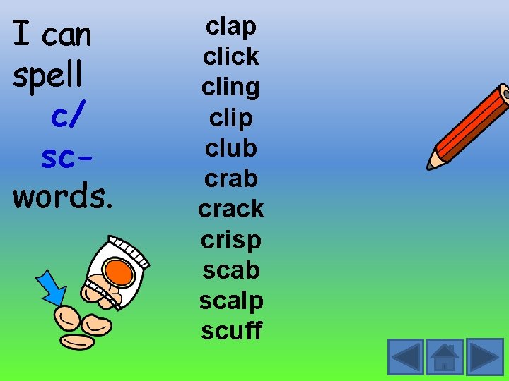 I can spell c/ scwords. clap click cling clip club crack crisp scab scalp