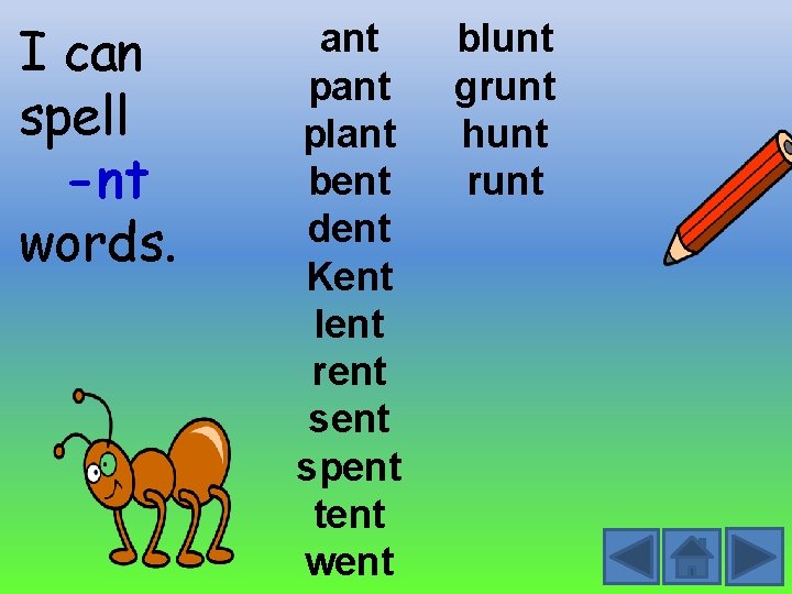 I can spell -nt words. ant plant bent dent Kent lent rent spent tent