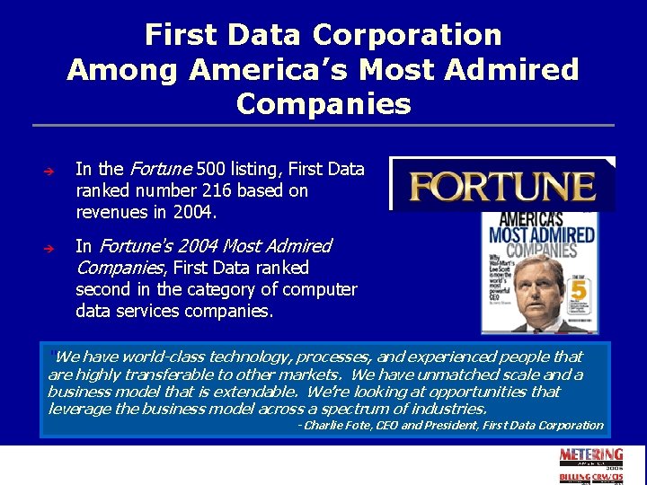 First Data Corporation Among America’s Most Admired Companies è è In the Fortune 500