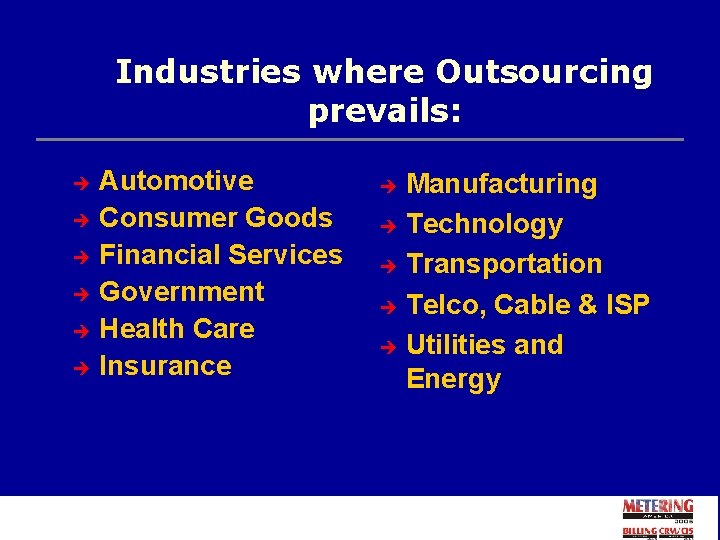 Industries where Outsourcing prevails: è è è Automotive Consumer Goods Financial Services Government Health