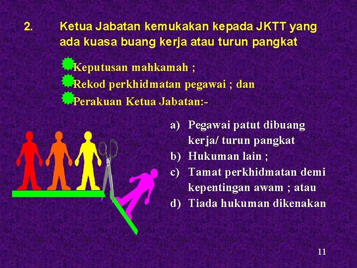 2. Ketua Jabatan kemukakan kepada JKTT yang ada kuasa buang kerja atau turun pangkat 2. Ketua Jabatan kemukakan kepada JKTT yang ada kuasa buang kerja atau turun pangkat