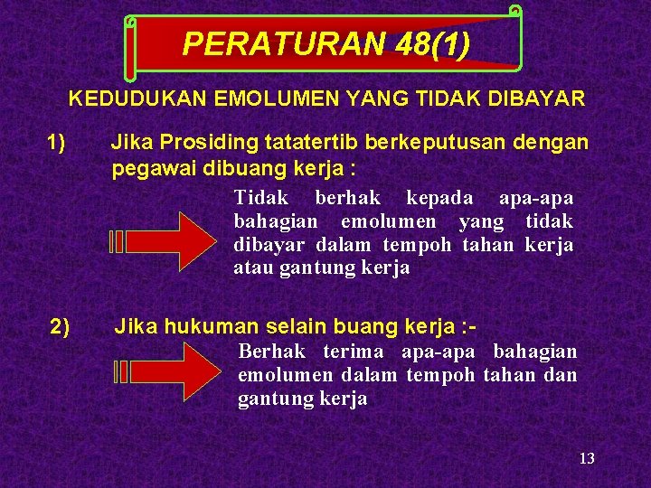 PERATURAN 48(1) KEDUDUKAN EMOLUMEN YANG TIDAK DIBAYAR 1) Jika Prosiding tatatertib berkeputusan dengan pegawai PERATURAN 48(1) KEDUDUKAN EMOLUMEN YANG TIDAK DIBAYAR 1) Jika Prosiding tatatertib berkeputusan dengan pegawai