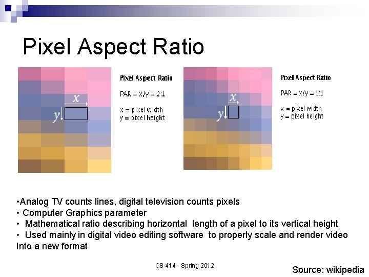 Pixel Aspect Ratio • Analog TV counts lines, digital television counts pixels • Computer