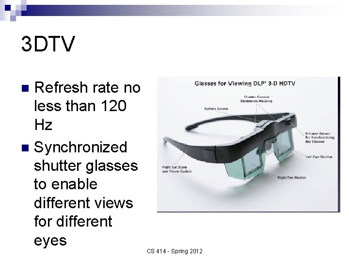 3 DTV Refresh rate no less than 120 Hz n Synchronized shutter glasses to