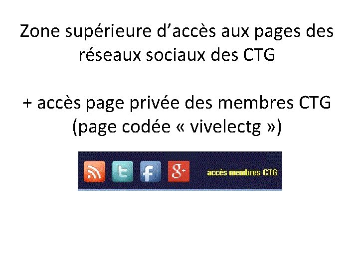 Zone supérieure d’accès aux pages des réseaux sociaux des CTG + accès page privée