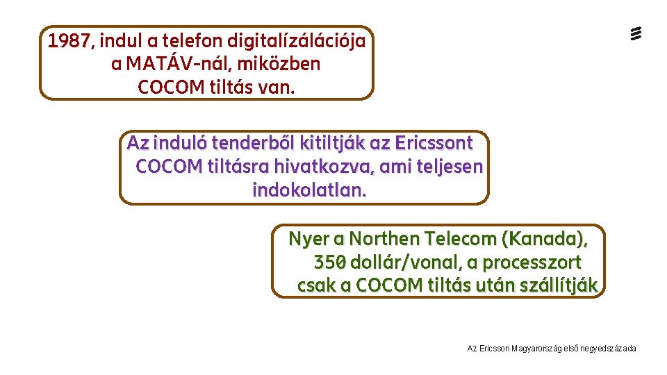 1987, 1987 indul a telefon digitalízálációja a MATÁV-nál, miközben COCOM tiltás van. Az induló