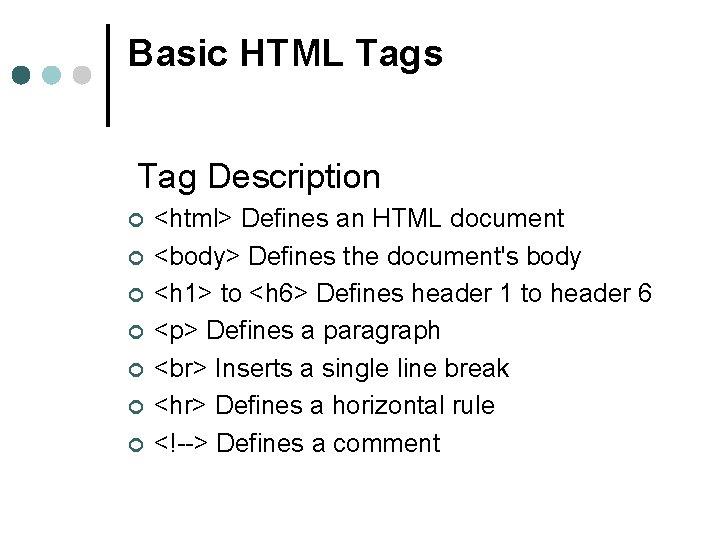 Basic HTML Tags Tag Description ¢ ¢ ¢ ¢ <html> Defines an HTML document