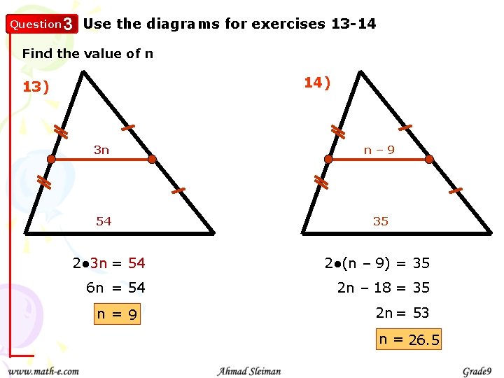 Question 3 Use the diagrams for exercises 13 -14 Find the value of n