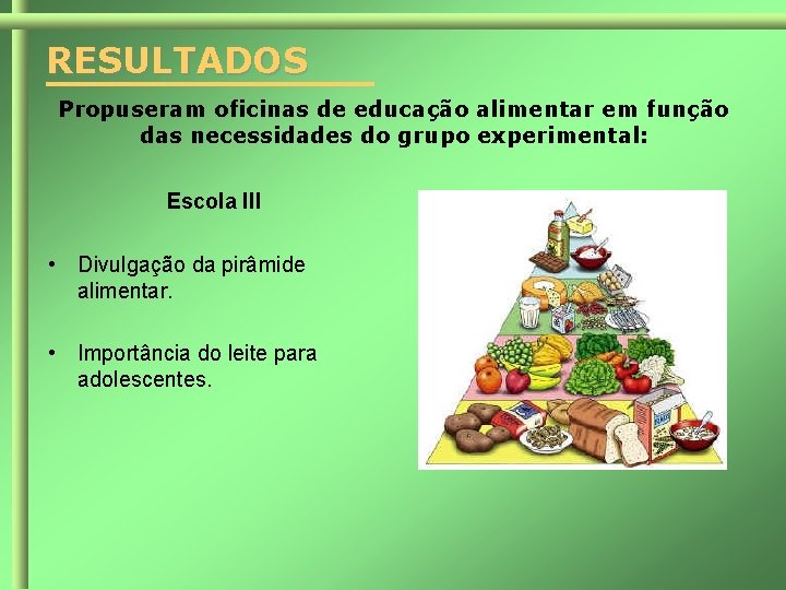 RESULTADOS Propuseram oficinas de educação alimentar em função das necessidades do grupo experimental: Escola