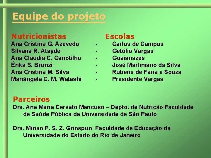 Equipe do projeto Nutricionistas Ana Cristina G. Azevedo Silvana R. Atayde Ana Claudia C.