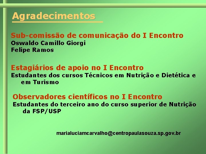 Agradecimentos Sub-comissão de comunicação do I Encontro Oswaldo Camillo Giorgi Felipe Ramos Estagiários de