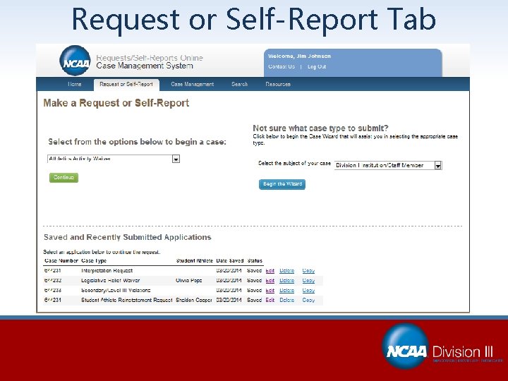 Request or Self-Report Tab 