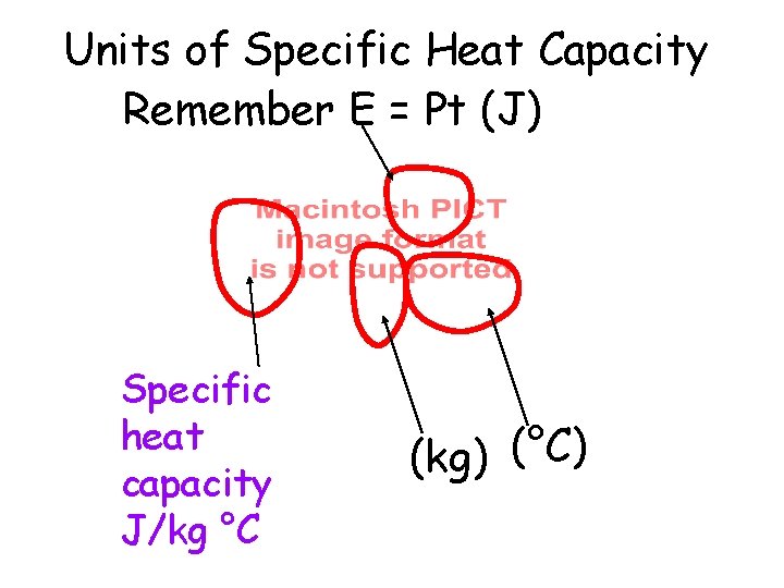 Units of Specific Heat Capacity Remember E = Pt (J) Specific heat capacity J/kg