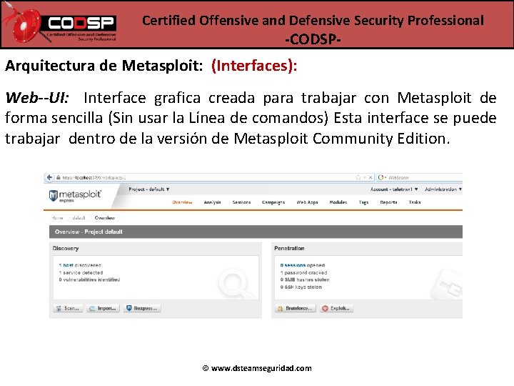 Certified Offensive and Defensive Security Professional -CODSP- Arquitectura de Metasploit: (Interfaces): Web--UI: Interface grafica