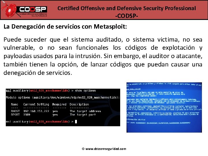 Certified Offensive and Defensive Security Professional -CODSP- La Denegación de servicios con Metasploit: Puede