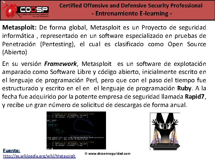 Certified Offensive and Defensive Security Professional - Entrenamiento E-learning - Metasploit: De forma global,