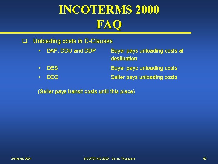 INCOTERMS 2000 FAQ q Unloading costs in D-Clauses 8 DAF, DDU and DDP Buyer