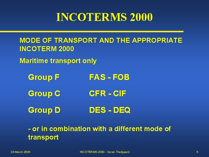 INCOTERMS 2000 MODE OF TRANSPORT AND THE APPROPRIATE INCOTERM 2000 Maritime transport only Group