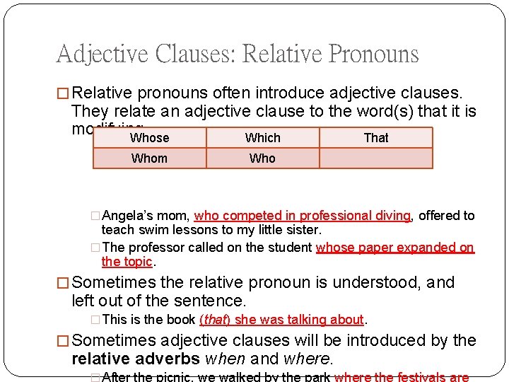Adjective Clauses: Relative Pronouns � Relative pronouns often introduce adjective clauses. They relate an
